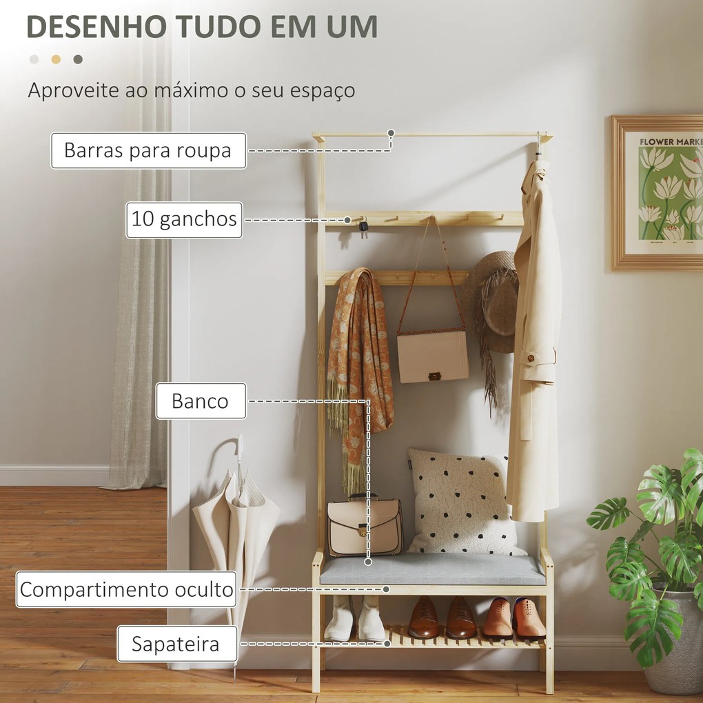 Móvel Cabide de Entrada com Sapateira 10 Ganchos Barra Superior e Compartimento 73,5x34x171 cm Madeira e Cinza