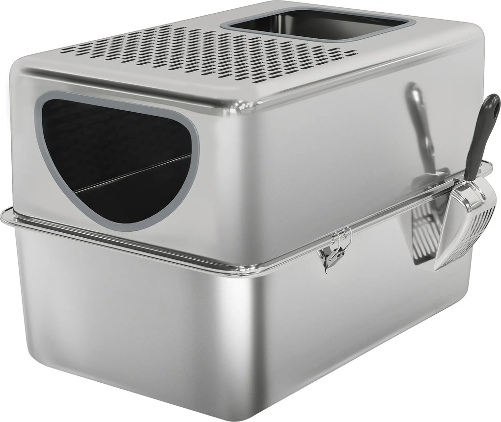 Caixa de Areia para Gatos em Aço Inoxidável XL com Pá Aberturas Duplas Fácil de Limpar 60x39,6x40,1 cm Prateado