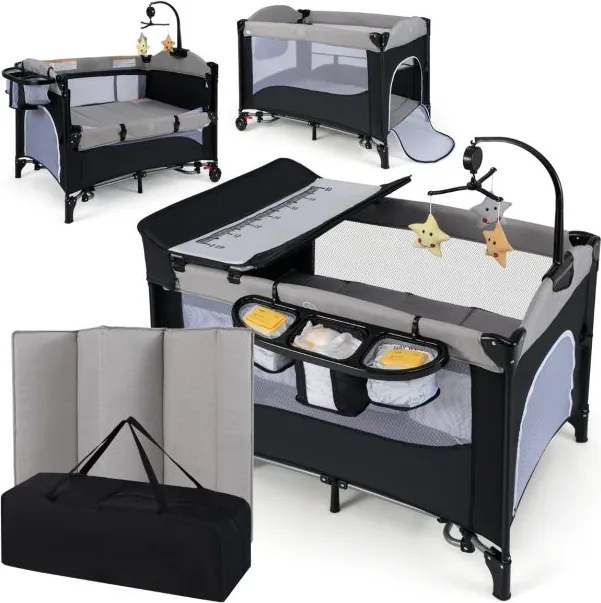 Berço 6 em 1 com mesa para trocar fraldas, colchão e bolsa de transporte para bebés desde o nascimento até 15 kg 110 x 76 x 76 cm Bordas cinza claro