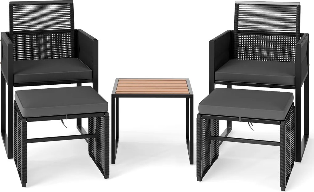 Conjunto de móveis de jardim em rattan PE de 5 peças com pufes, almofadas e mesa de café em madeira acácia cinzento