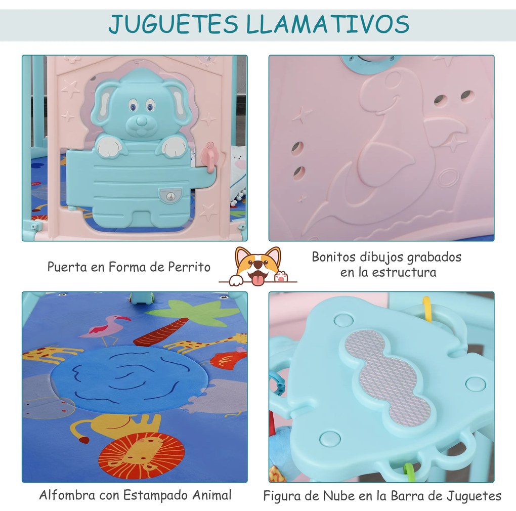 HOMCOM Parque infantil redondo Parque infantil de segurança para bebês Berço com Tapete Brinquedos divertidos Trava Dupla Altura 65,5 cm rosa e azul