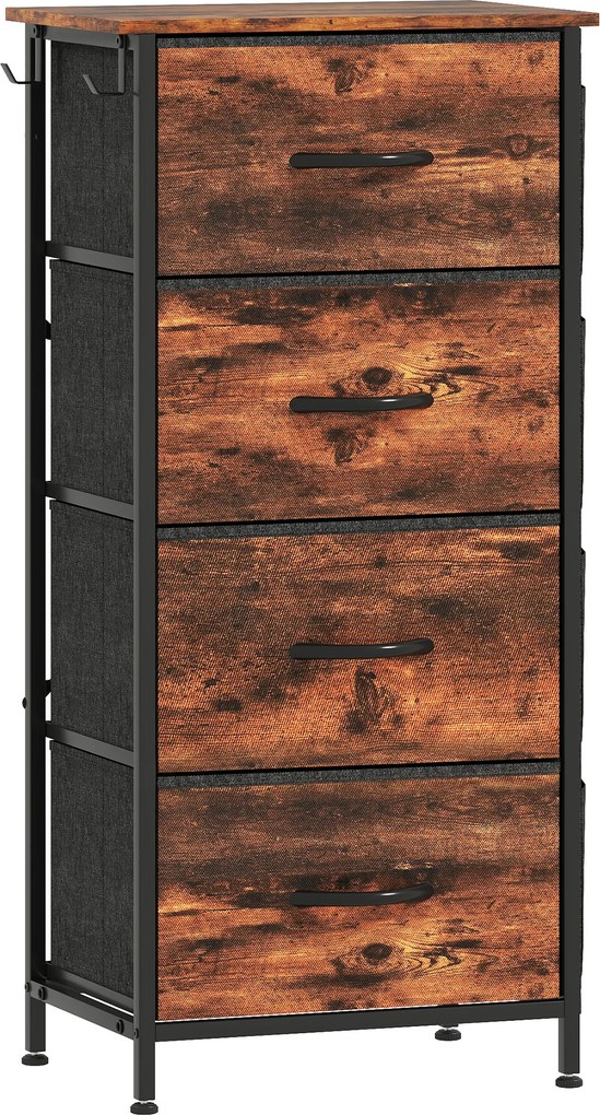 HOMCOM Cómoda 4 gavetas em tecido, móvel de arrumação com 4 bolsos, 2 ganchos, estrutura em aço, 45 x 30 x 94,5 cm, castanho | Aosom Portugal