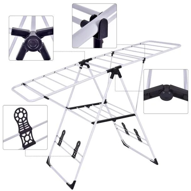 Estendal dobrável e portátil para secar roupa com cabide em aço inoxidável resistente, leve e estável para interiores e exteriores preto + prateado.