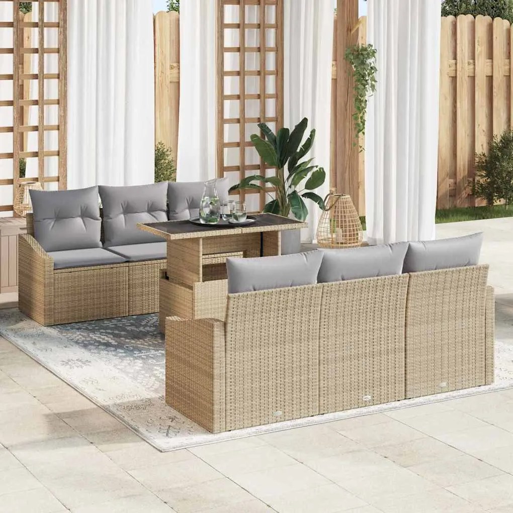 vidaXL Conjunto de Sofá de Jardim com 7 Peças e Almofadas em Rattan Sintético Bege.