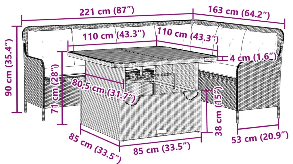 2 pcs conjunto sofás de jardim com almofadões vime PE preto