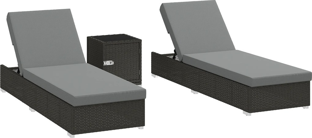 Outsunny Conjunto 2 Espreguiçadeiras de Jardim em Rattan com Mesa Lateral e Encosto Regulável, 184x60x22 cm, Cinza Escuro | Aosom Portugal