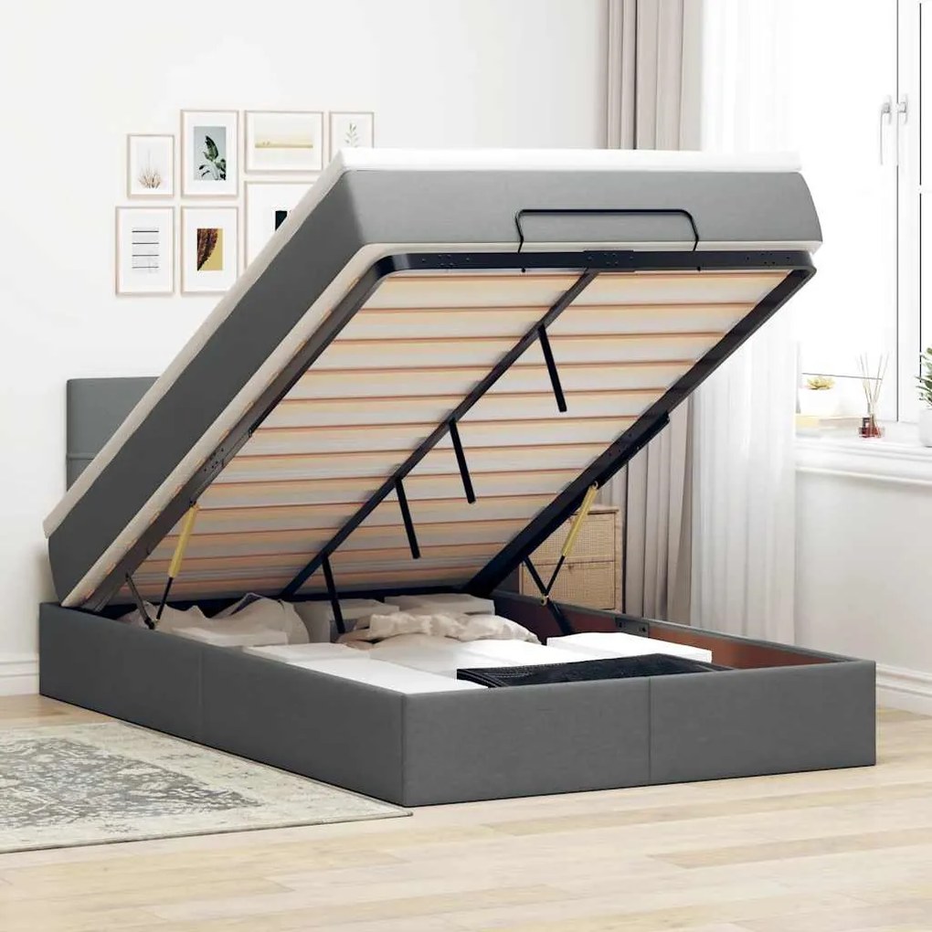 Cama otomana com colchão&LEDs 120x190 cm tecido cinzento escuro