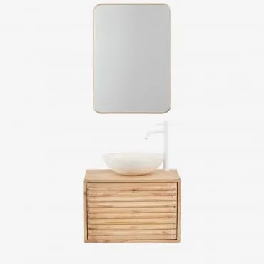 Conjunto De Móvel De Casa De Banho Suspenso Em Madeira Deleyna Madeira Natural & Cimento Redondo Branco Ø40 Cm Zavion & Retangular Dourado - Sklum