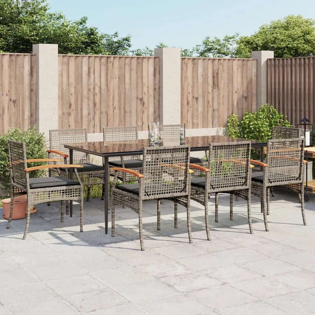 vidaXL 9 pcs conjunto de jantar p/ jardim c/ almofadões vime PE cinza