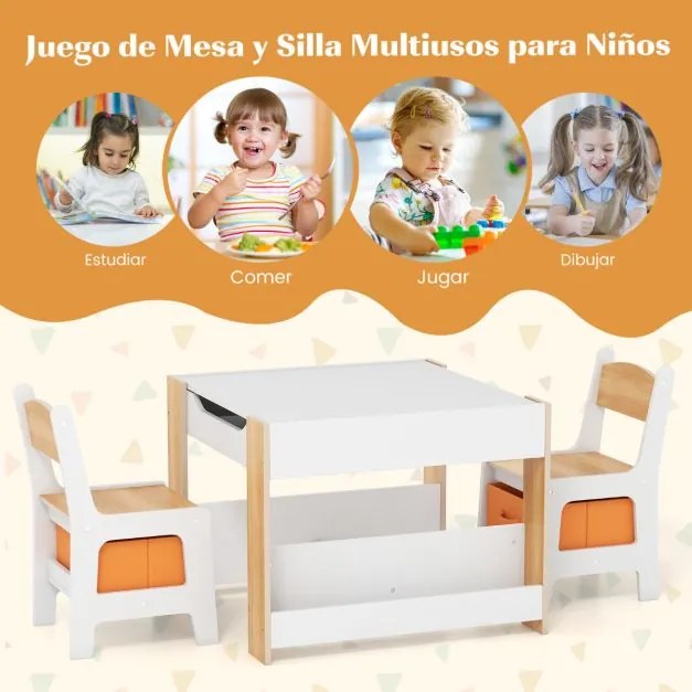 Conjunto de mesa e cadeira para crianças Mesa de actividades 4 em 1 para crianças com tampo reversível Estantes e caixas Natural