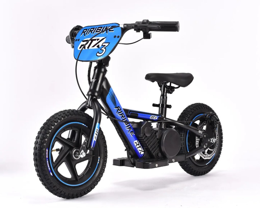 Bicicleta eléctrica para crianças RIRIBIKE RTX3 24V (12"), bateria de lítio, motor de 100W, travão de disco, assento ajustável em PU macio Azul