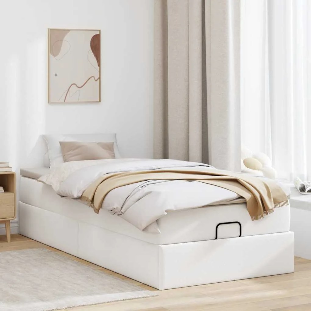 Estrutura de cama otomana com colchão branco couro falso