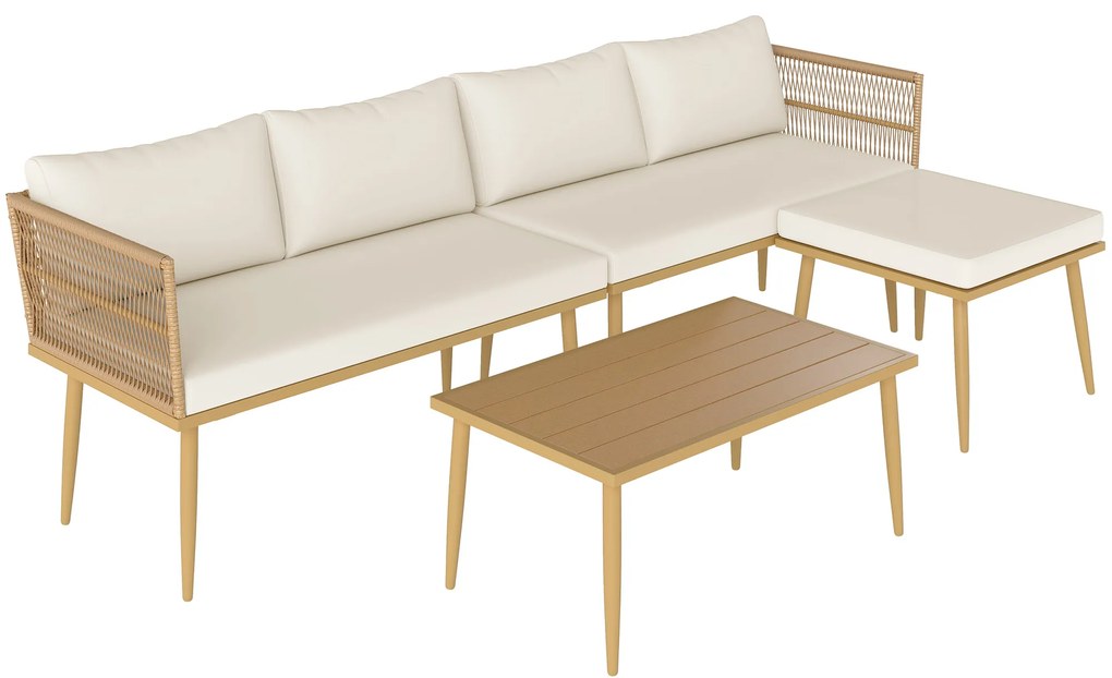 Outsunny Conjunto Jardim Vime Sintético 4 Peças Sofás 2 Lugares Mesa Centro Apoio Pés Confortável Madeira Creme | Aosom Portugal