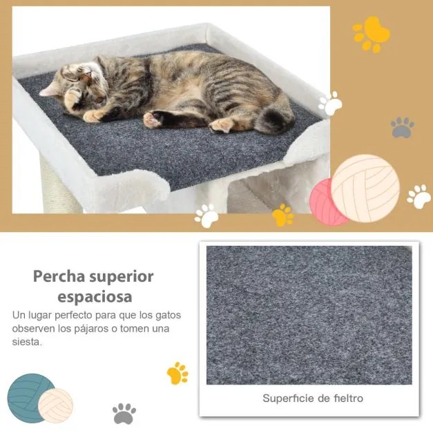 Arranhador para gatos com Pequena Torre 80 cm e bola felpuda Centro de atividades para gatinhos Branco e cinza