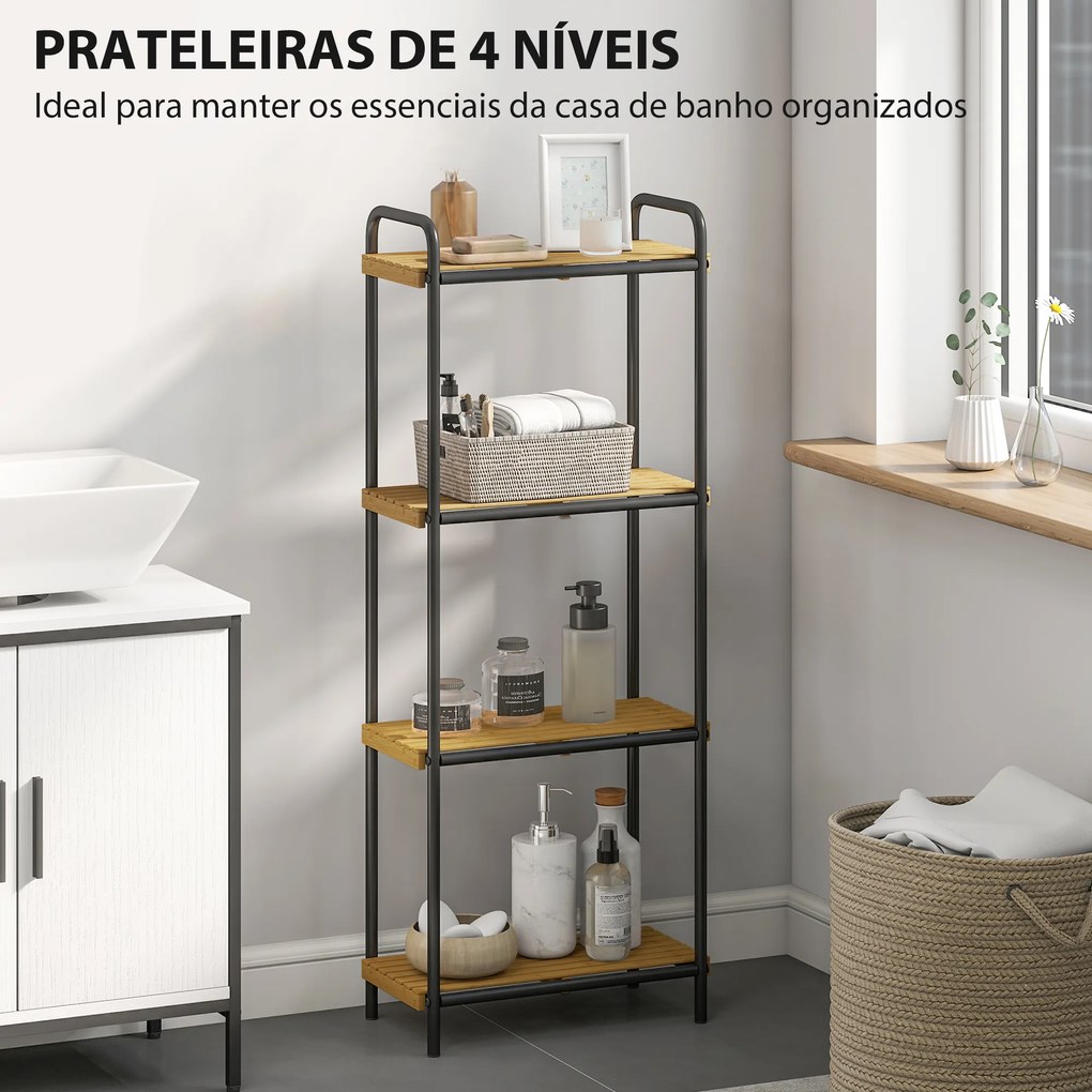 Estante de Casa de Banho de Bambu de 3 Níveis Estante de Armazenamento com 3 Prateleiras Ripas e Estrutura de Aço 41,5x21,5x106 cm Madeira e Preto