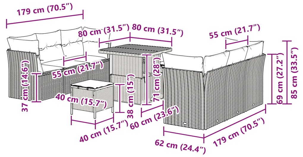 Conjunto Sofá de Jardim de 9 Peças com Almofadas Rattan Polímero Preto