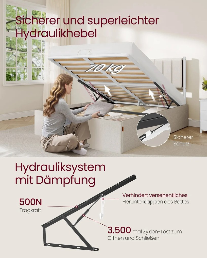 Estrutura de cama 140 x 200 cm (COLCHÃO NÃO INCLUIDO) com espaço de arrumação por baixo da cama; cabeceira em bege cappuccino