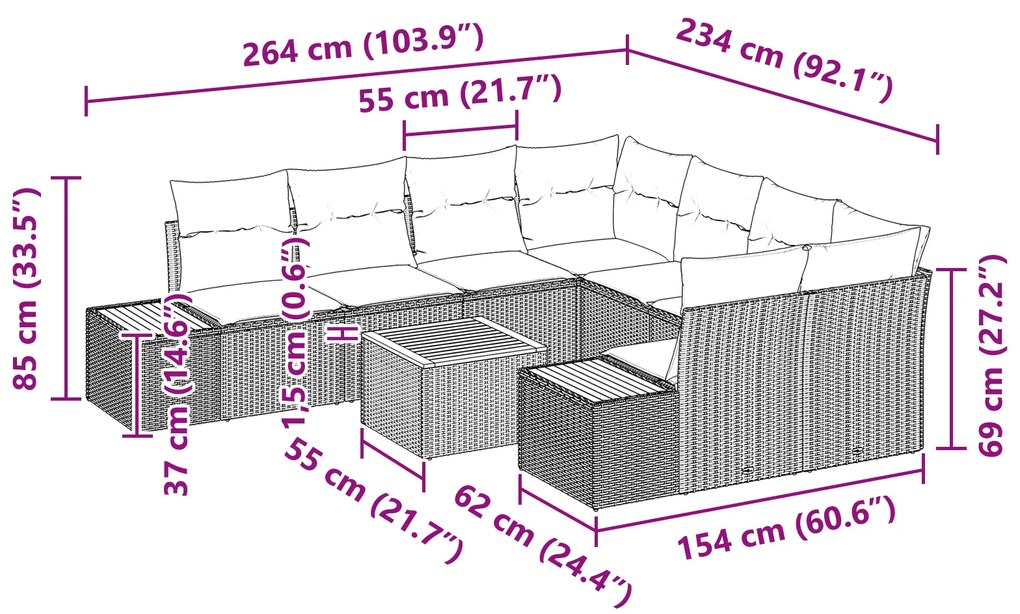 Conjunto de Sofá de Jardim com 9 Peças e Almofadas Bege Poliratan Acác