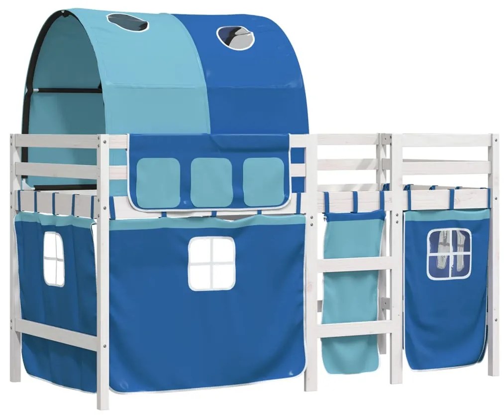 Cama alta para criança com túnel 80x200 cm pinho maciço azul