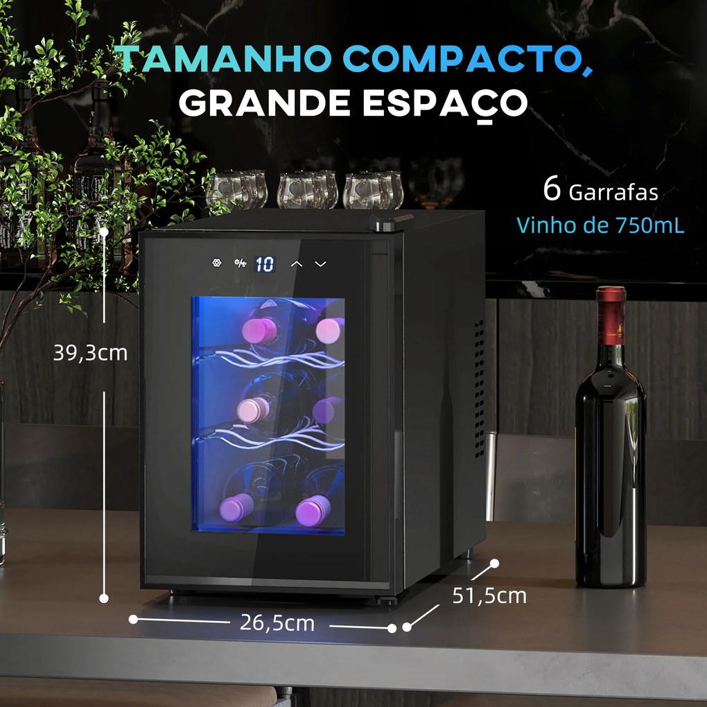 Cave de Vinho para 6 Garrafas com Luz LED Ecrã Tátil Controlo de Temperatura e 2 Prateleiras Ajustáveis 26,5x51,5x39,3 cm Preto