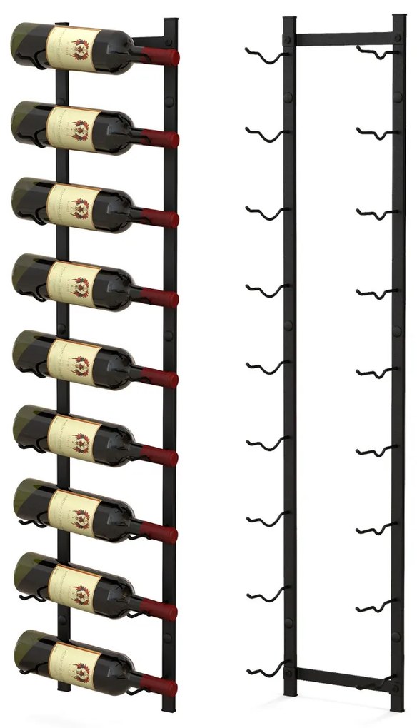 Garrafeira de parede para 9 garrafas Estante suspensa em aço inoxidável para garrafas de vinho 22 x 13,5 x 109 cm preto