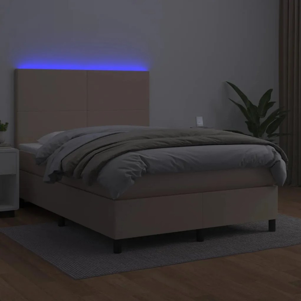 Cama box spring c/colchão/LED 140x190cm couro artif. cappuccino