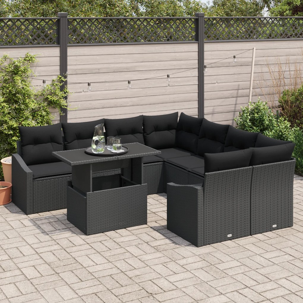 Conjunto de Sofá de Jardim com 9 Peças e Almofadas em Rattan Preto