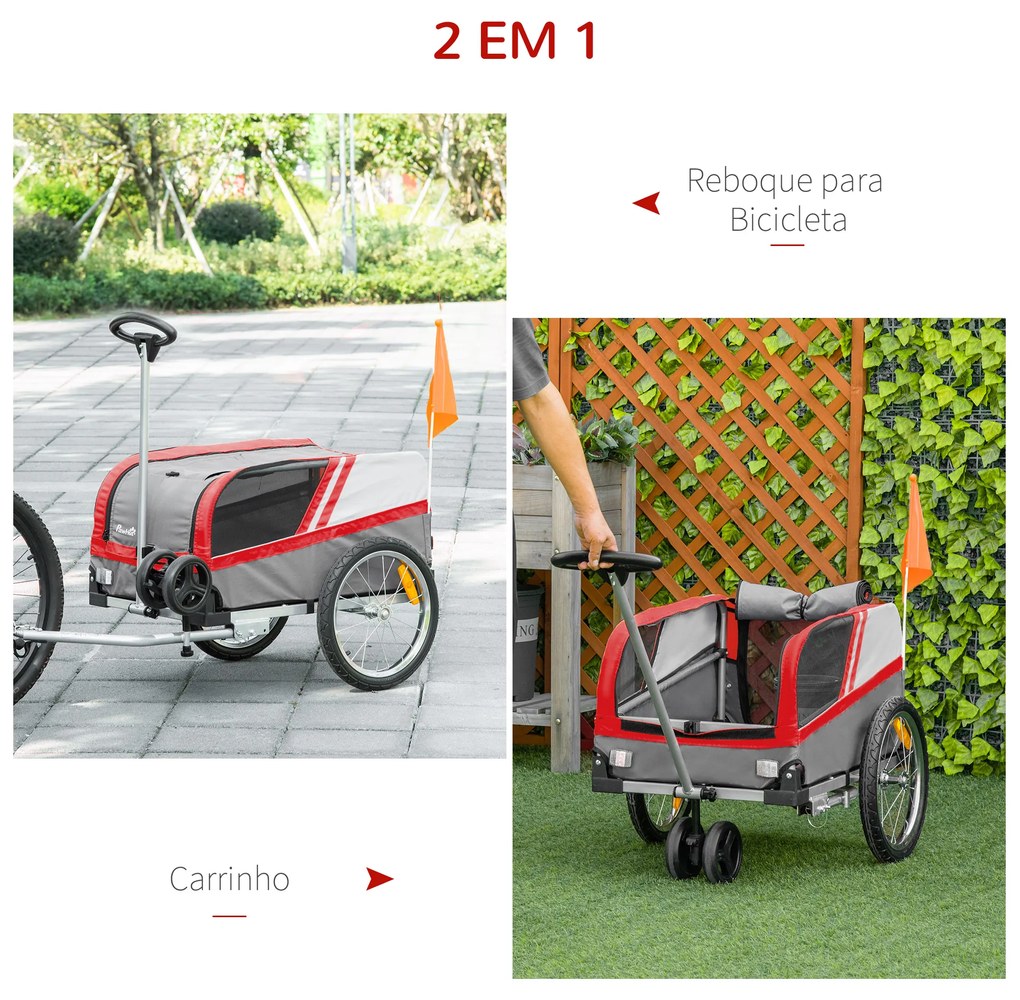 Reboque de Bicicleta para Cães 2 em 1 Carrinho para Animais de Estimação com Cinto de Segurança 130x64x97cm Vermelho e Cinza