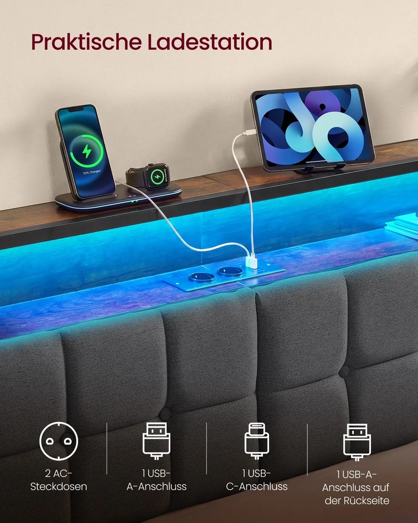 Cama de metal 160 x 200 cm (COLCHÃO NÃO INCLUIDO), estrutura com cabeceira, cama com espaço de arrumação e iluminação LED Preto mate, castanho vintage