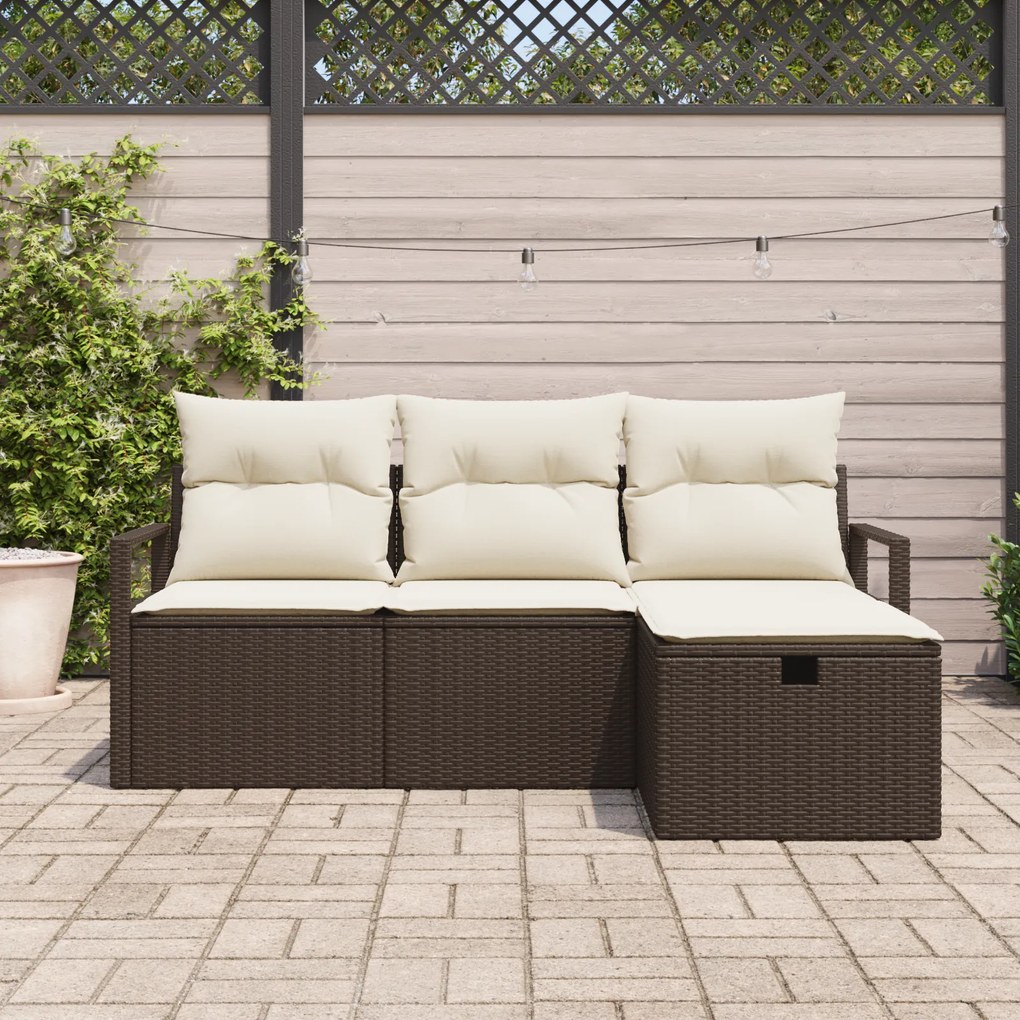 Conjunto de Sofá de Jardim de 4 Peças com Almofadas Castanho Rattan Po