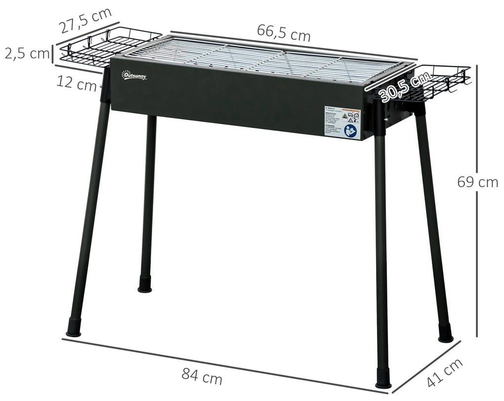 Grelhador a Carvão com 2 Grelhas de Aço Inoxidável Portátil com 2 Prateleiras para Temperos com Ganchos 77x30x70 cm Preto