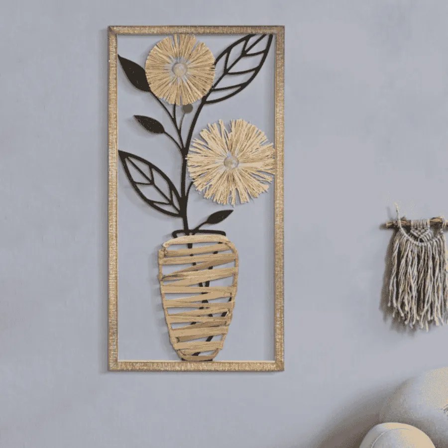 PAINEL DE PAREDE DE FERRO/MADEIRA VASO 40X3,5X80 CM CASTANHO E PRETO