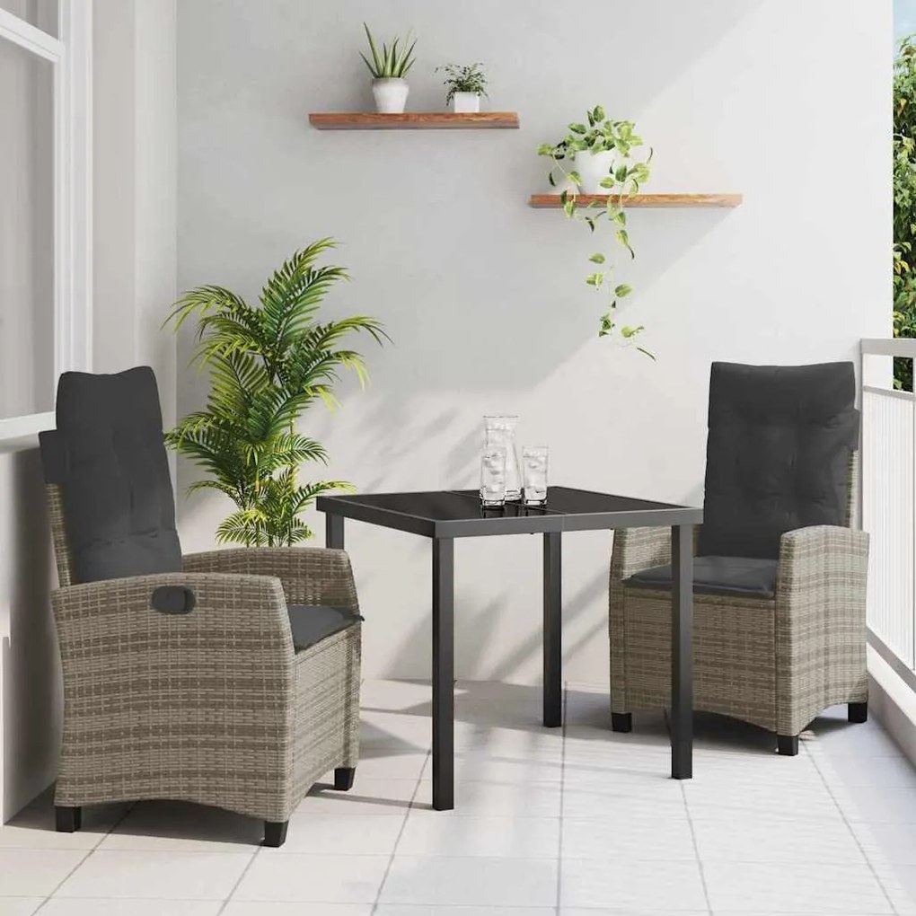 vidaXL Conjunto de Jantar de Jardim com 3 Peças e Almofadas - Rattan Sintético Cinza