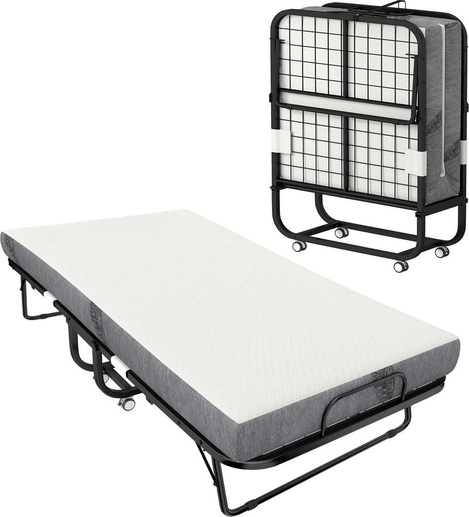 Cama dobrável individual de 200 x 80 cm com colchão, cama extra dobrável e portátil com Rodas, estrutura em aço preto, branco