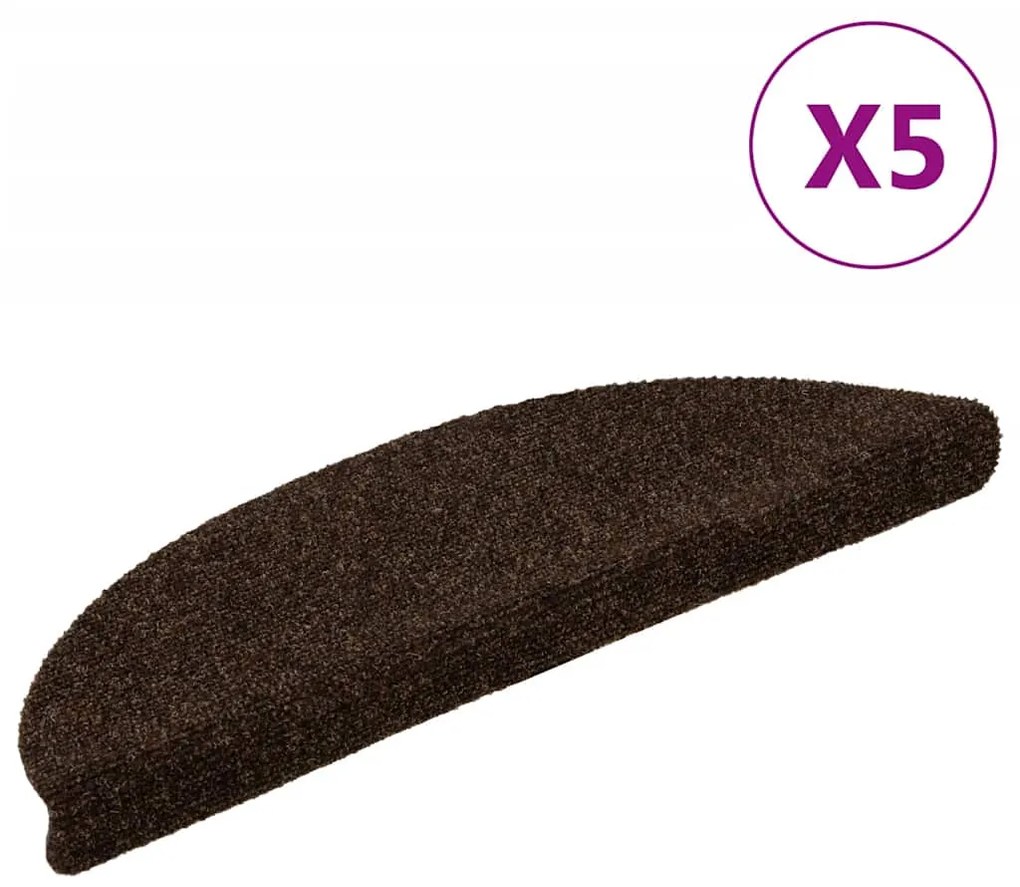 vidaXL Tapetes escada autoadesivos 5 pcs 56x17x3 cm agulhado castanho