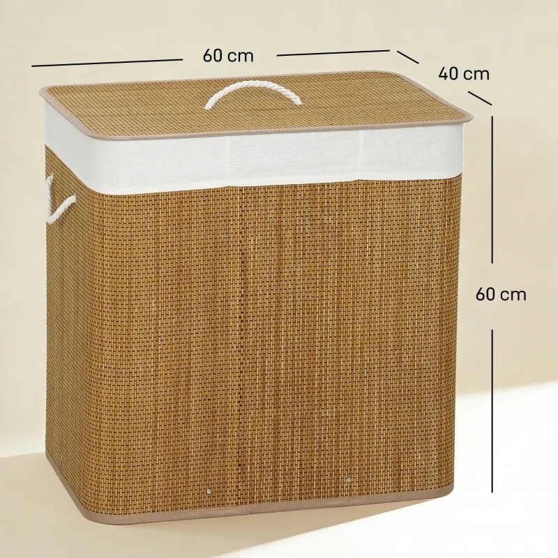 Cesto de Roupa Suja com Tampa 144L de Bambu com 3 Compartimentos 60x40x60 cm Castanho