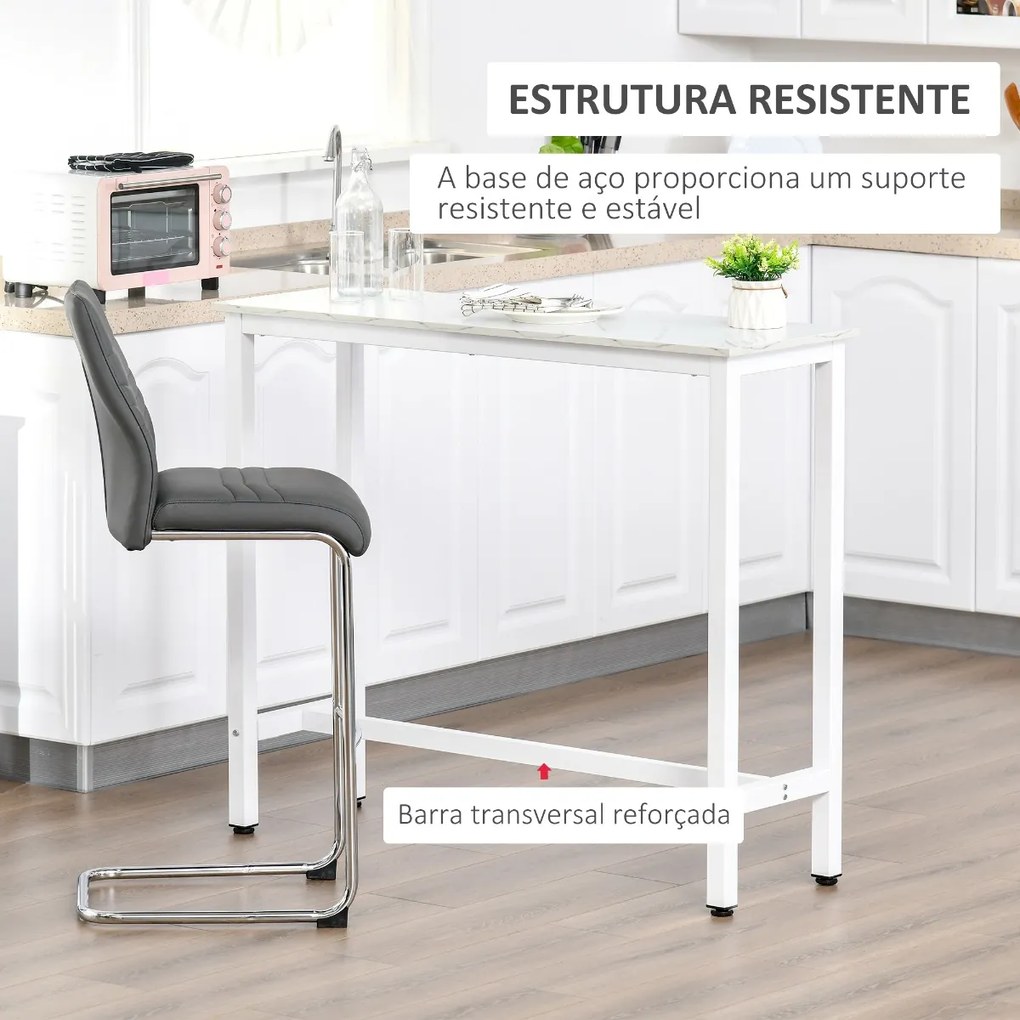 Mesa de Bar Mesa Alta com Bancada de Efeito Marmorizado e Pés de Metal Estilo Moderna para Cozinha Bistro Cafeteria 120x40x100cm Branco