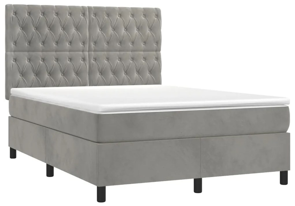 Cama box spring c/ colchão/LED 140x190 cm veludo cinzento