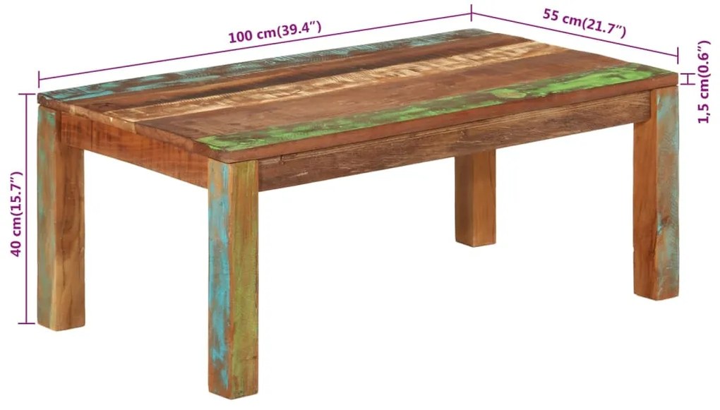 Mesa de centro 100x55x40 cm madeira recuperada maciça