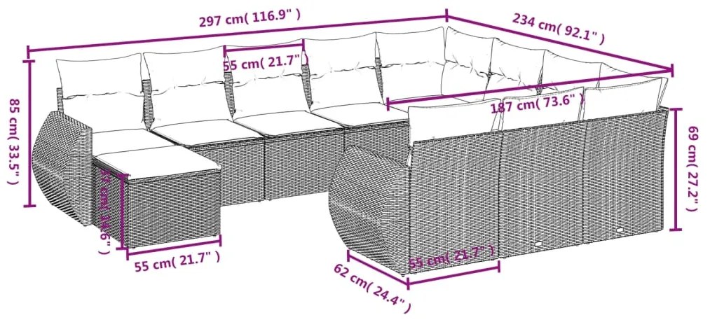 11 pcs conjunto sofás de jardim c/ almofadões vime PE preto