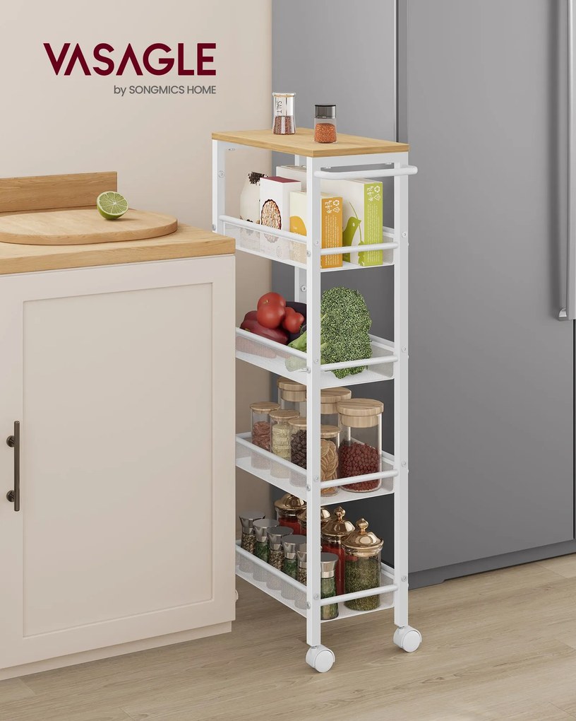 Carrinho cozinha com 5 níveis com rodas 22 x 45,4 x 99,6 cm Branco e cor carvalho