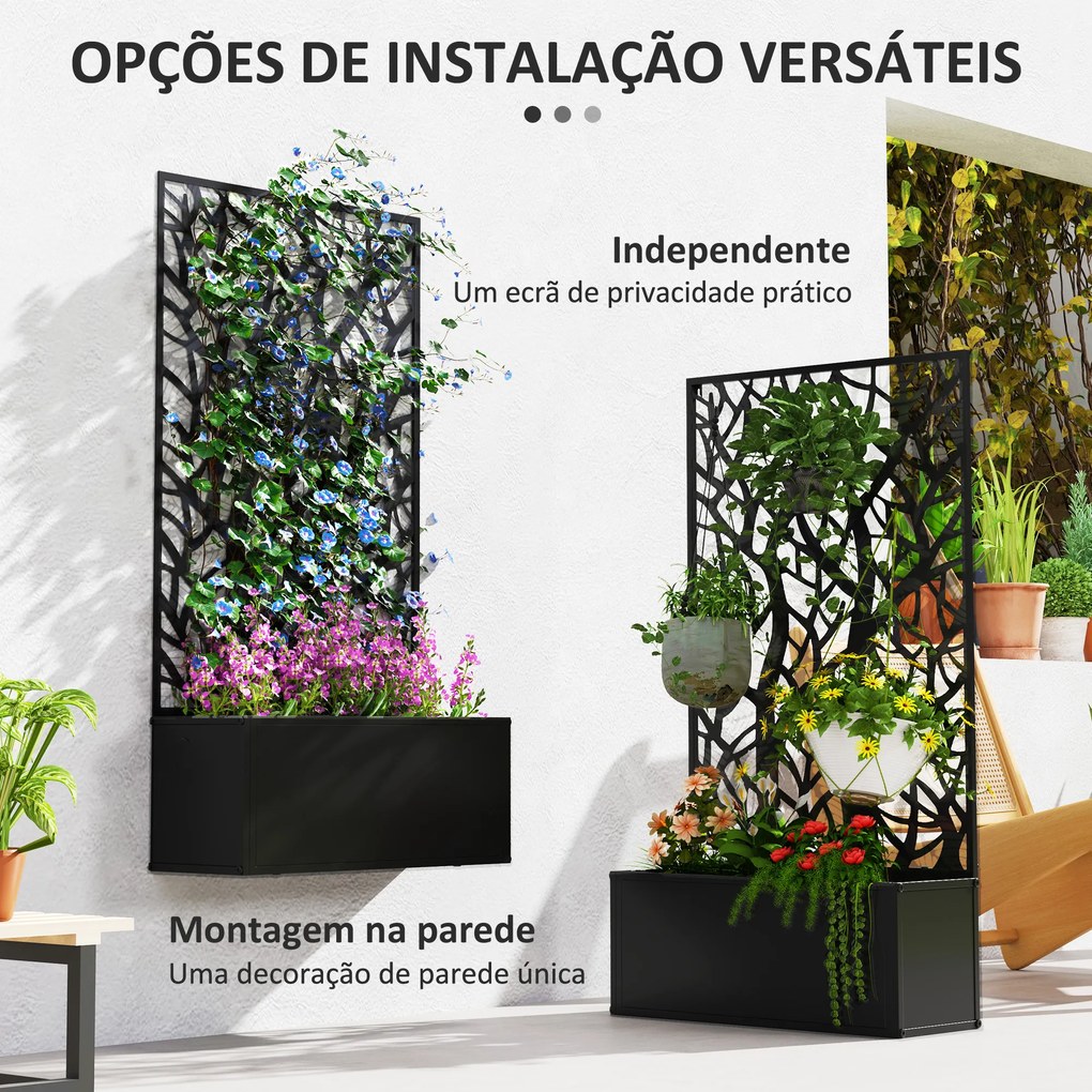 Floreira de Metal com Ecrã de Privacidade com Ramos Decorativos Floreira de Parede ou Independente 61x23x113 cm Preto