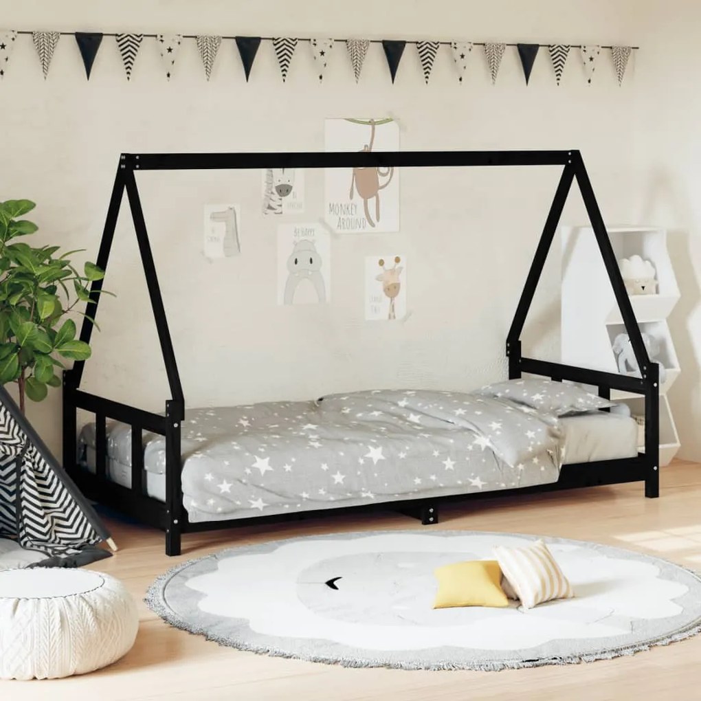 Estrutura de cama infantil 90x190 cm pinho maciço preto