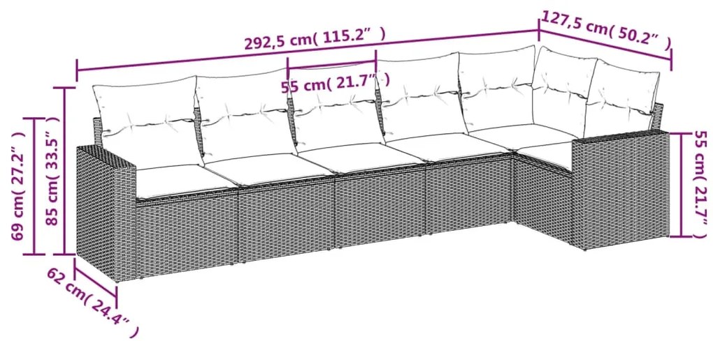 6 pcs conj. sofás jardim com almofadões vime PE cinzento-claro