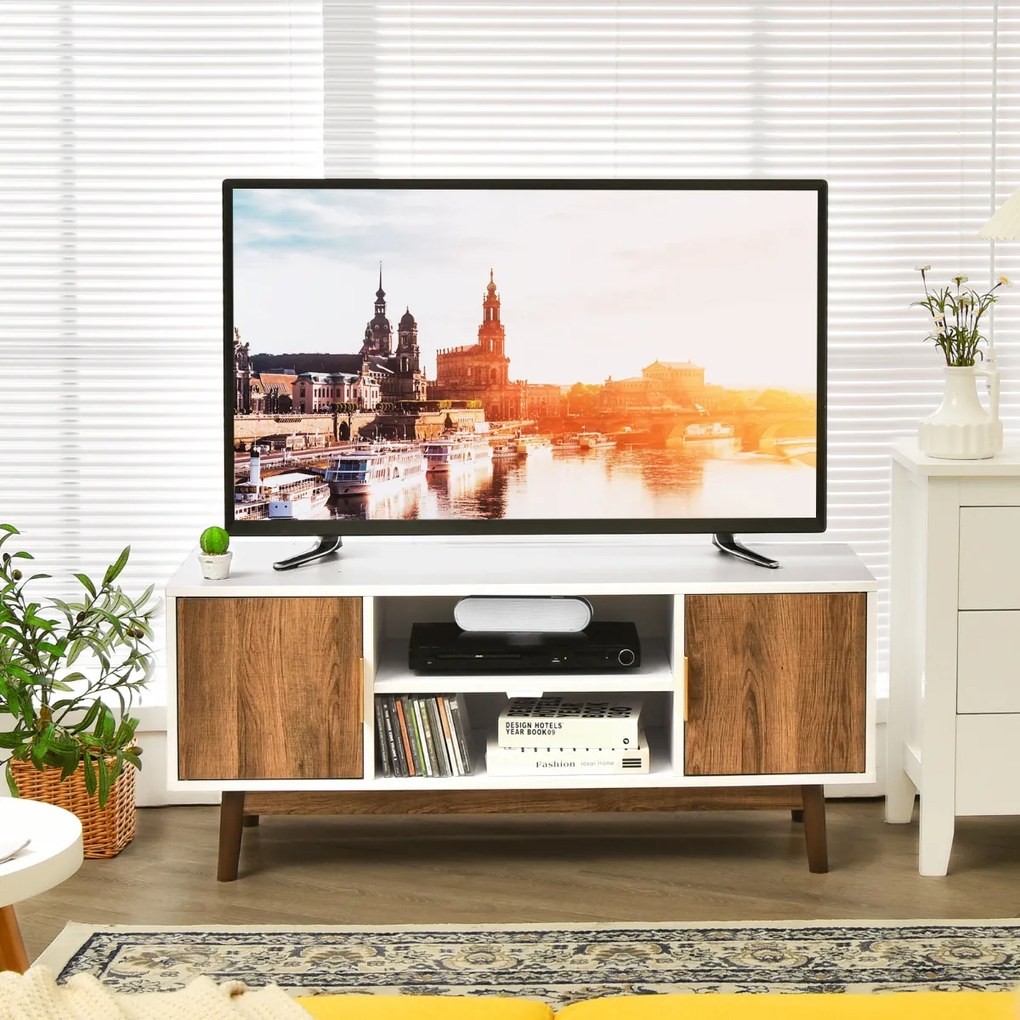 Móvel de TV Moderno de 2-Portas para TV até 50&quot; com 2 Furos para TV por Cabo Suporte para Sala de Estar 109 x 38 x 46 cm Branco