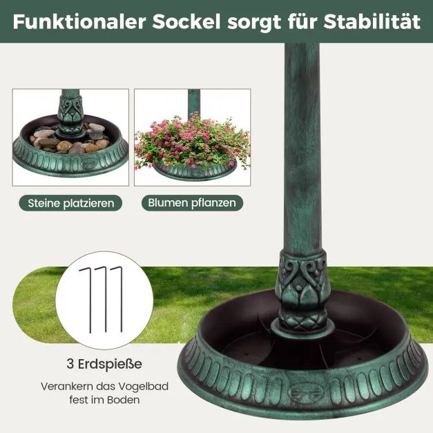 Bebedouro jardim para pássaros 51 x 51 x 107 cm com luz solar e vaso, estação de alimentação verde