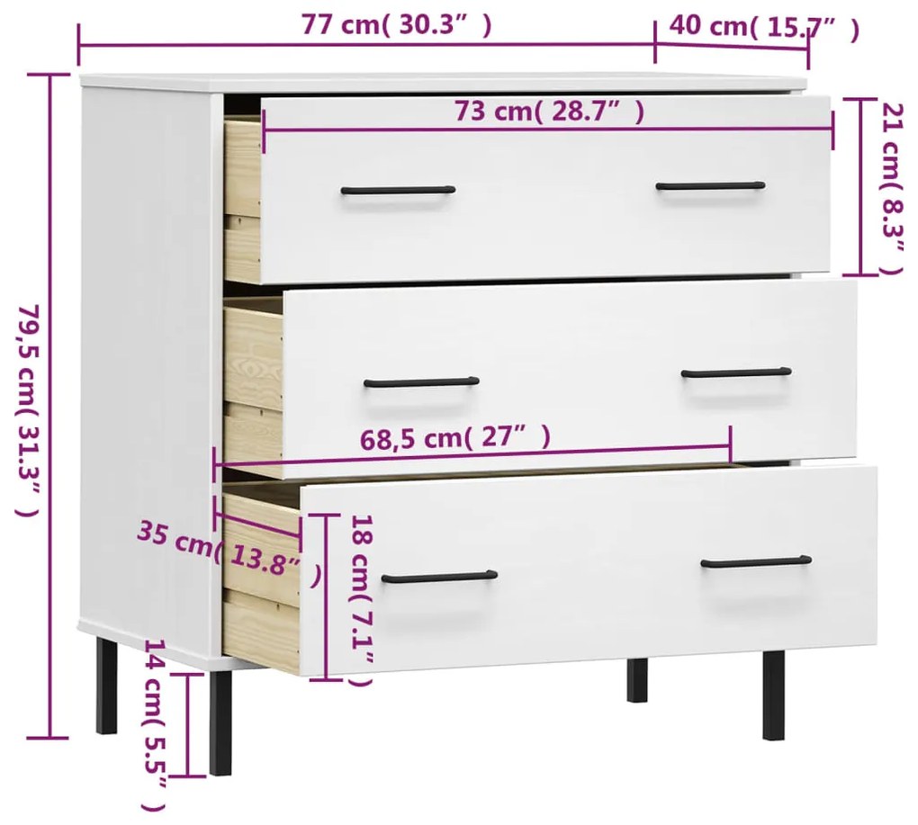 Aparador 3 gavetas 77x40x79,5 cm madeira maciça OSLO branco
