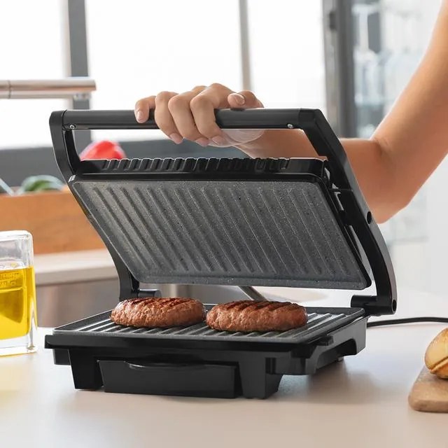 Grelhador elétrico Rock'nGrill Dark 1000. 1000 W, revestimento de pedra, tabuleiro para gorduras, placa superior flutuante, superfície 25,4x17,5 cm, s
