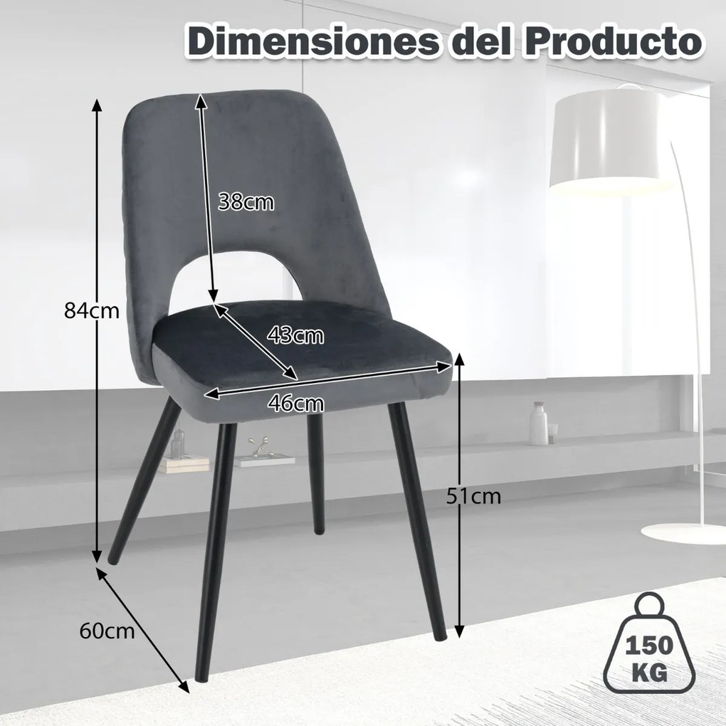 Conjunto de 2 cadeiras de jantar, cozinha estofada com almofada de espuma Pernas metálicas robustas Cinzentas