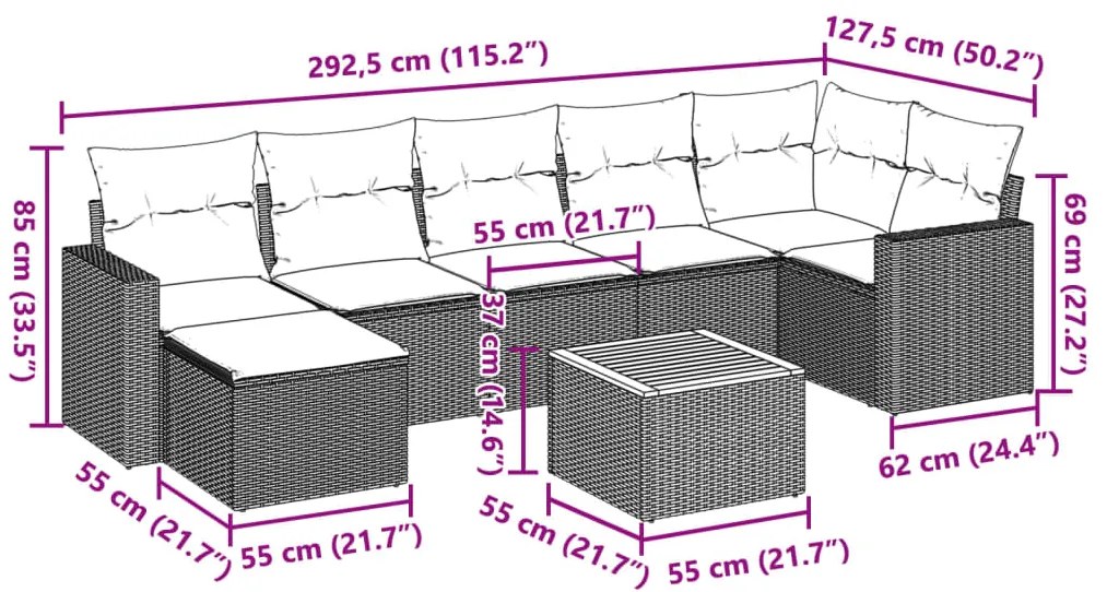 8 pcs conjunto de sofás p/ jardim com almofadões vime PE bege